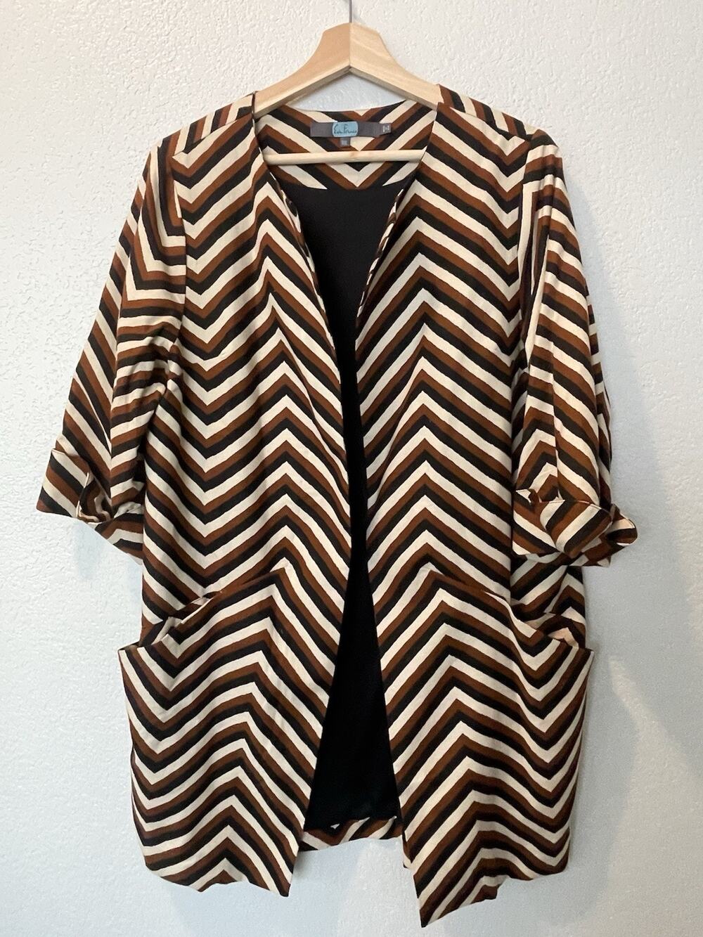 Eva Franco Jacket Women Large Brown Black Cream Chevron Open Front Topper Blazer